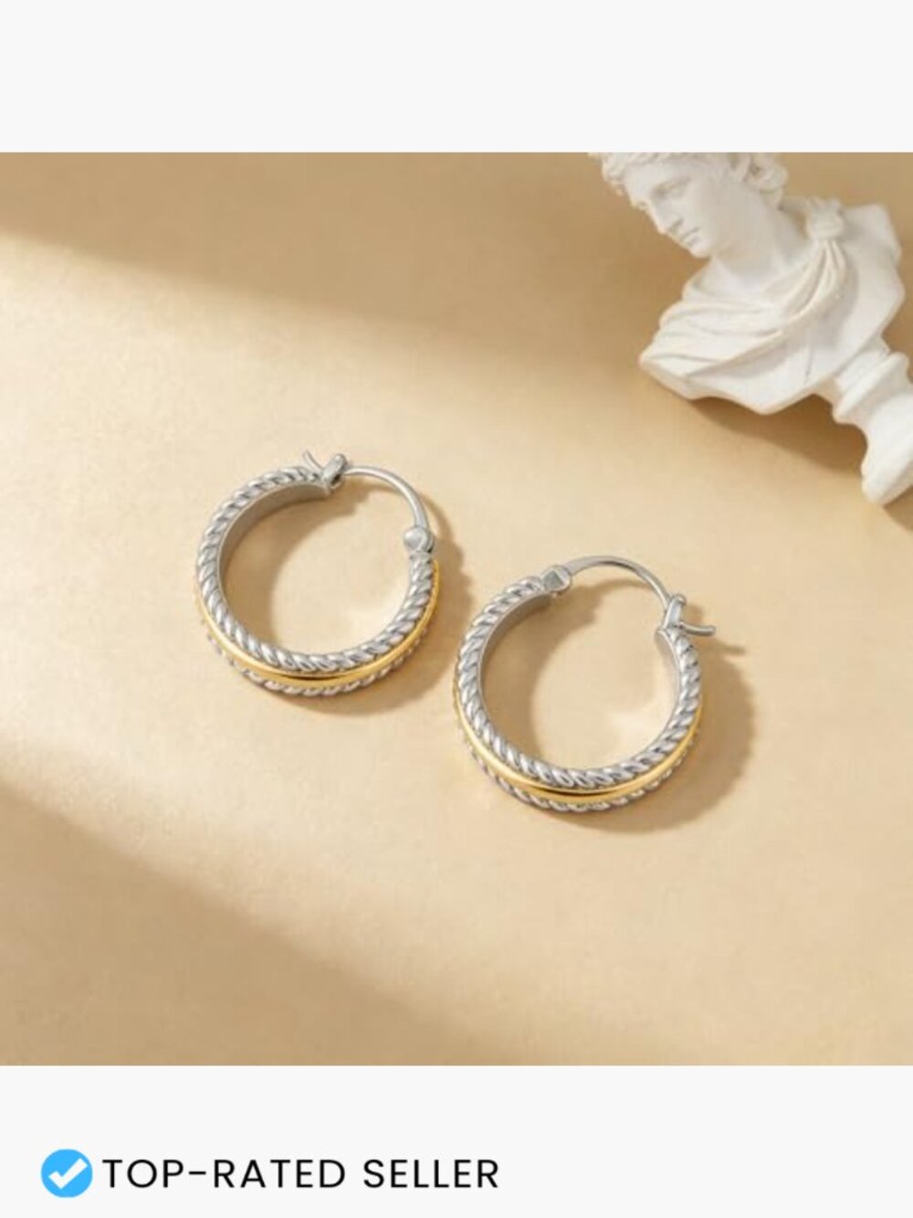 Two Tone Silver Gold Hoop Earrings Hypoallergenic Rope Twist Statement Jewelry - Picture 7 of 7